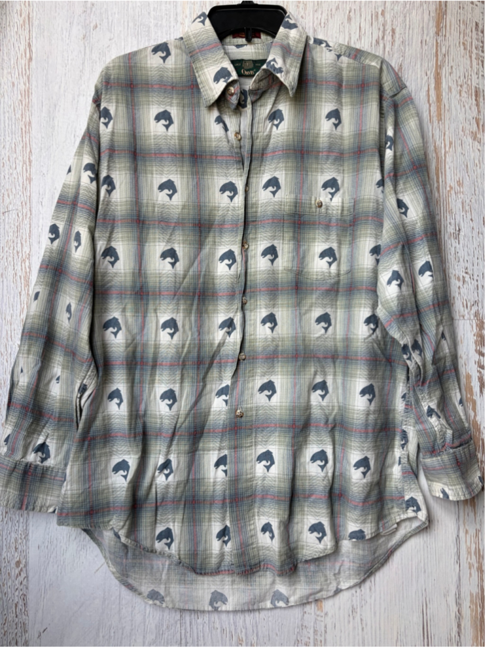 Men's Orvis Casual Button Down Shirt Size L Beige Blue Fish Print